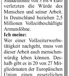 Anzeige zum Thema Mindestlohn in der Werbepost am 09.05.2007