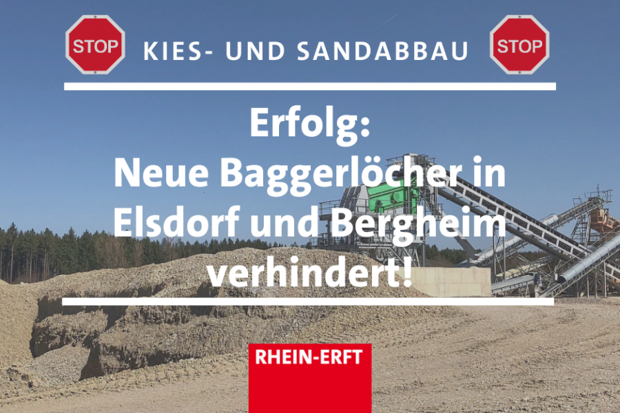 Sharepic Kiesgrube, Text: Erfolg, neue Baggerlöcher in Elsdorf und Bergheim verhindert