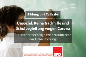 Schüler an Tafel. Text: Bildung und Teilhabe. Unsozial: Keine Nachhilfe und Schulbegleitung wegen Corona