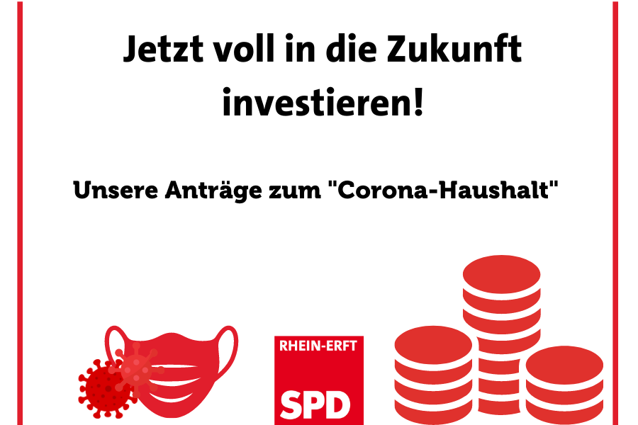 Text: Jetzt voll in die Zukunft investieren! Unsere Anträge zum Coronahaushalt.