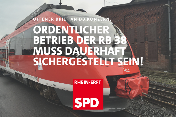 Bild einer Regionalbahn mit Text darüber: Offener Brief an den DB Konzern: Ordentlicher Betrieb der RB 38 muss dauerhaft sichergestellt sein!